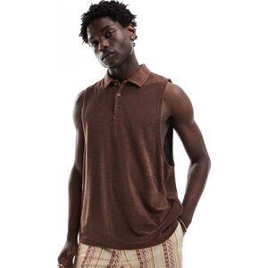 ASOS DESIGN relaxed tank top with polo neck in brown towelling